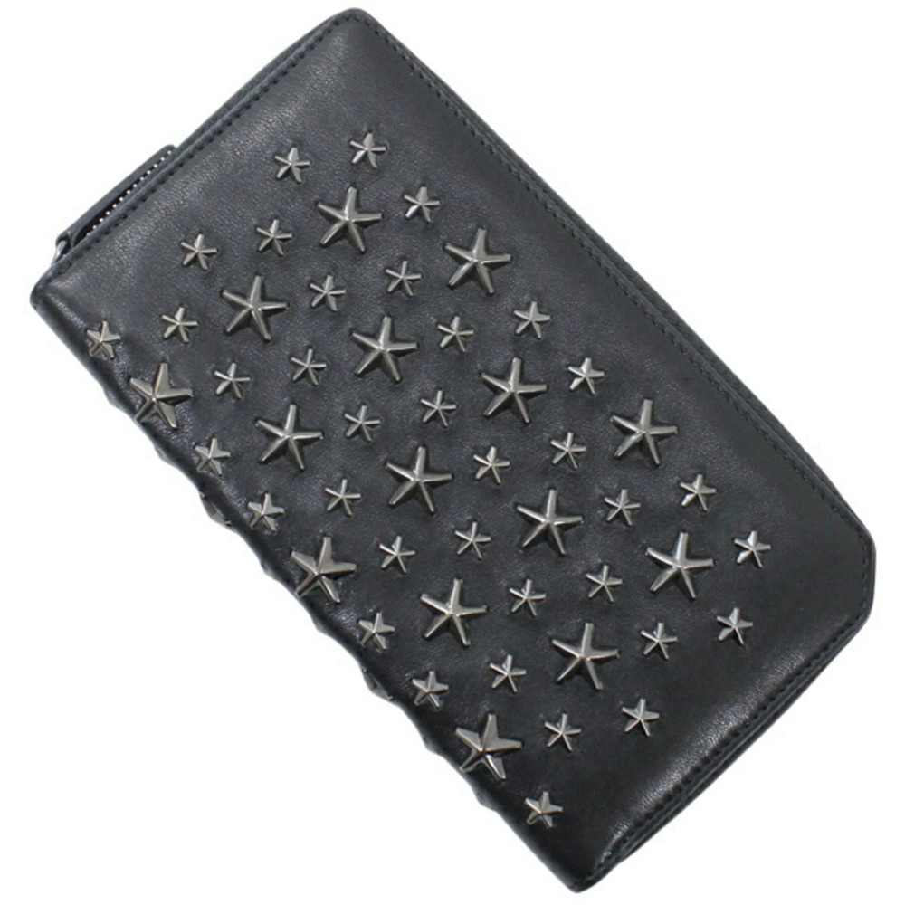 Jimmy Choo Round Long Wallet with Star Studs, Black Gunmetal Leather, Women's...